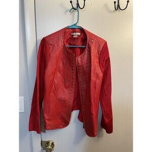 Peter Nygard Jacket Womens Large Red Leather Knit Zip Ruffled Studded Moto Rock